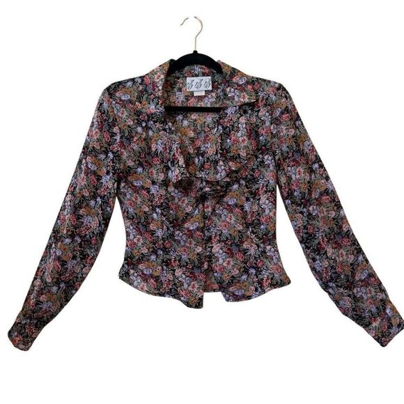 Try 1 Tops - Vintage Try 1 Black Floral Ruffled Cropped Blouse Sz S Y2K, Feminine